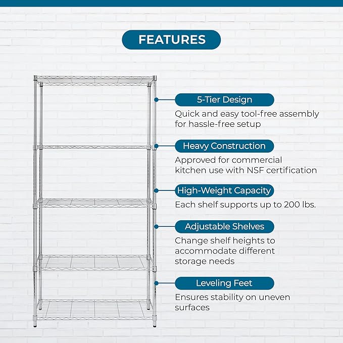 Honey-Can-Do 5-Tier Heavy Duty Adjustable Shelves, Metal Storage Rack with 200-lb Shelf Capacity, Chrome, 14" W x 36" L x 72" H