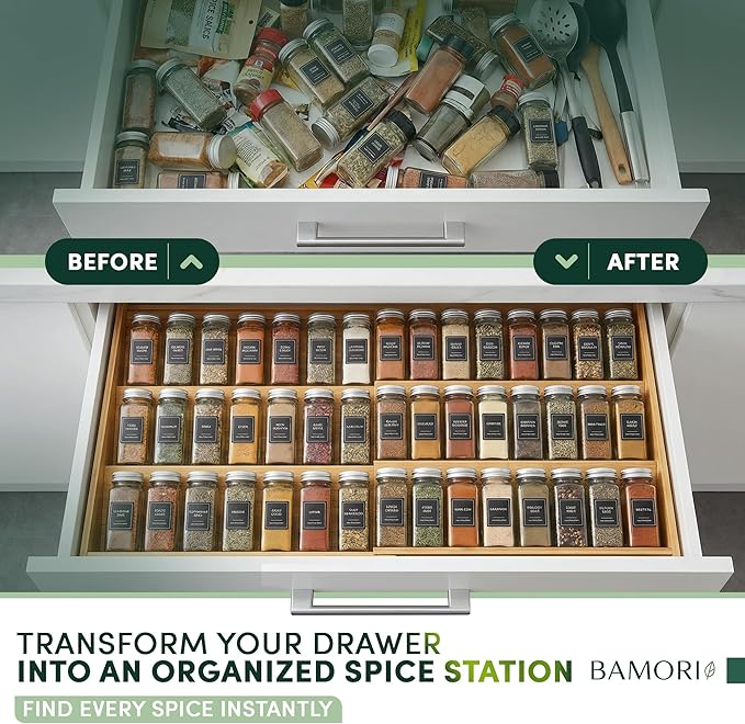 Expandable Bamboo Spice Drawer Organizer – Adjustable Tiered Spice Rack Insert for Kitchen Drawer – Premium Bamboo Seasoning Organizer for Drawer Storage (Need 3" Deep Drawer)