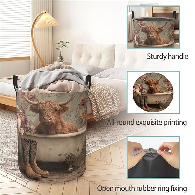 Vintage Highland Cow Floral Round Laundry Hamper Storage Basket Toys Clothes Organizer Bin For Home Bathroom Bedroom Dorm Nursery