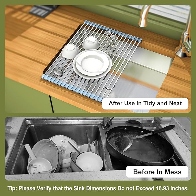 16.93 ×12.91 Inch Sink Drying Rack Roll Up, Silicone Wrapped 304 Square Stainless Steel Over the Sink Dish Drying Rack Counter Kitchen Home RV Essentials Foldable Sink Organizer,Grey