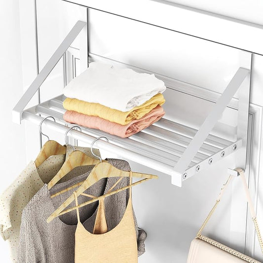 Over The Door Clothes Hanger with 2 Hooks, Stainless Steel Over The Door Hangers for Clothes with Storage Rack, Clothing Hanger Drying Racks for Laundry, Washroom, Fits Door Up to 1.77", White