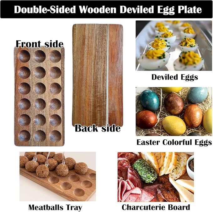 Acacia Wood Egg Holder for 18 Eggs, Rustic Countertop and Refrigerator Storage Tray, Farmhouse Kitchen Organizer with 1.5" Holes, Easy Clean Deviled Plates for Easter Decor,11.5" x 5.75" (1)