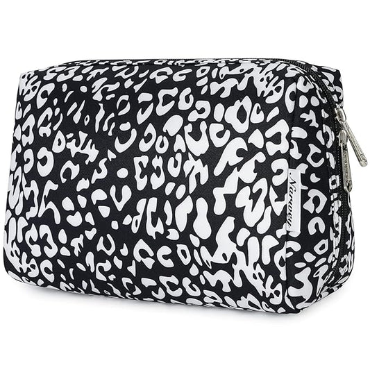 Narwey Cute Cheetah Makeup Bag Travel Cosmetic Bag Organizer Toiletry Bag Make Up Bags with Compartments for Women (Large, Black Leopard-1)