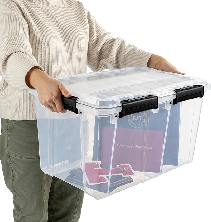 Sterilite 4 Pack 54 Qt Gasket Box, Clear Stackable Plastic Storage Container with Lids, Black - Waterproof Organizer and Dustproof Tote for Home Organization