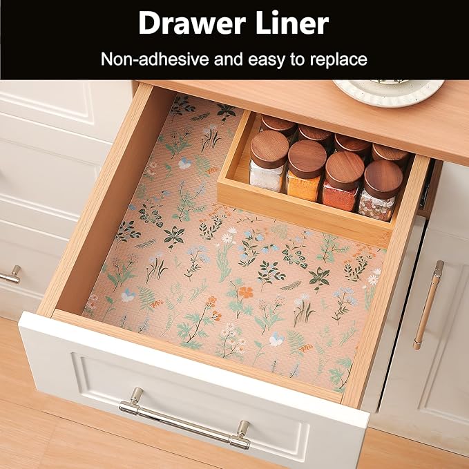 INNOLITES Shelf Liners for Kitchen Cabinets – Drawer Liner Waterproof & Oil-Proof, Non-Adhesive EVA with Floral Pattern – Durable Washable, Easy to Cut (Sage Green, 11.8" x 120")