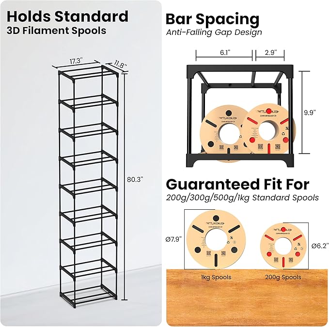 9-Tier 3D Printer Filament Storage Rack, Heavy Duty Metal Spool Holder Holds 54×1kg, Tool-Free Assembly, Modular Design for Home Office Workshop