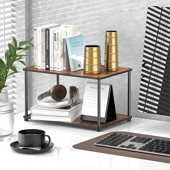 Countertop Spice Rack, Stackable Wood & Metal Pantry Cabinet Shelf Organizer Storage, 2-Tier Multi-Use for Kitchen Bathroom Desktop Home Office, Rustic Brown