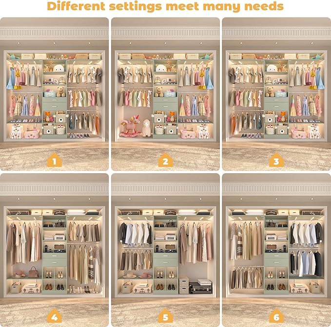 Besiost Closet System - 8FT Closet Organizer System with Wooden Drawers, 96" Closet Systems for Walk-In Closets with Cuttable Hanging Shelving, Green