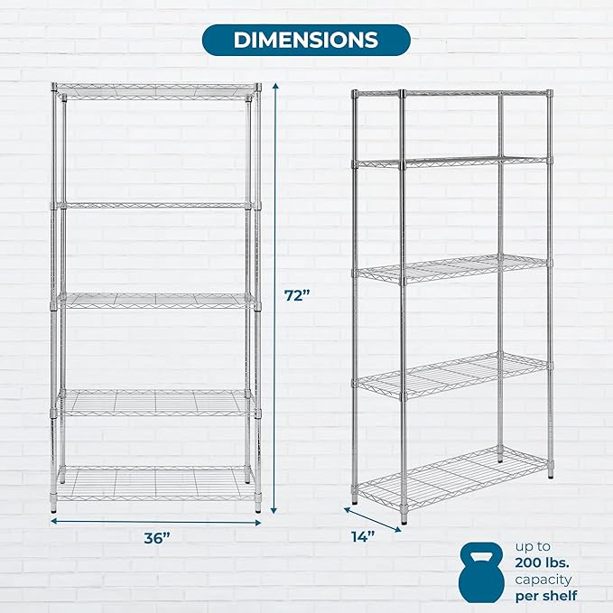 Honey-Can-Do 5-Tier Heavy Duty Adjustable Shelves, Metal Storage Rack with 200-lb Shelf Capacity, Chrome, 14" W x 36" L x 72" H