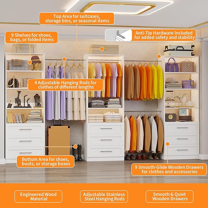 Closet System with 3 Sets, 6–16 FT Closet System with 9 Drawers, 9 Shelves & 4 Adjustable Hanging Rods, Max 189.3" Closet Organizer Systems for Walk-in Closets, Modular Custom Closet Tower, White