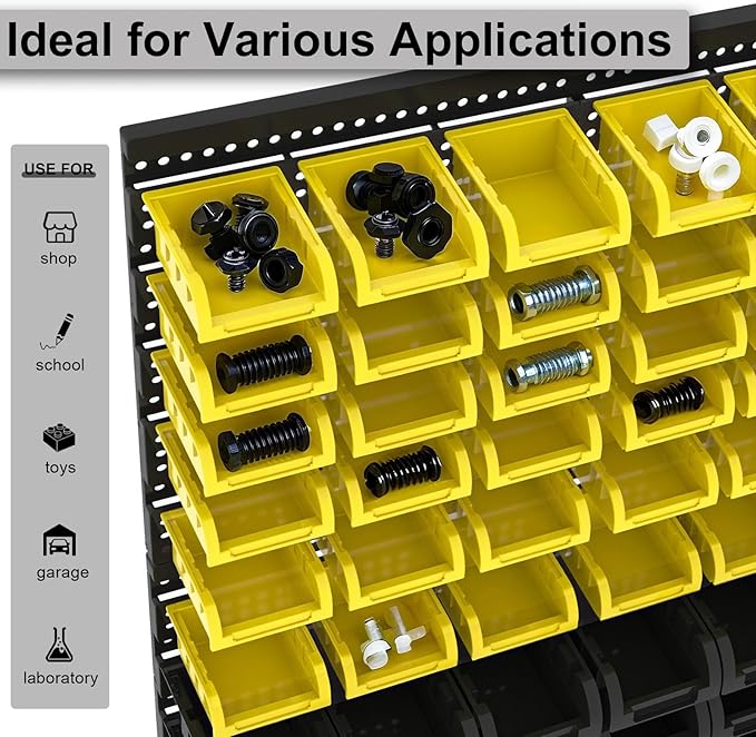 Wall Mounted Storage Bins, Nut and Bolt Organizer, Plastic Bolt Bin, Screw Organizer, Storage Bins for Garage (YELLOW+BLACK, LARGE(60PCS))