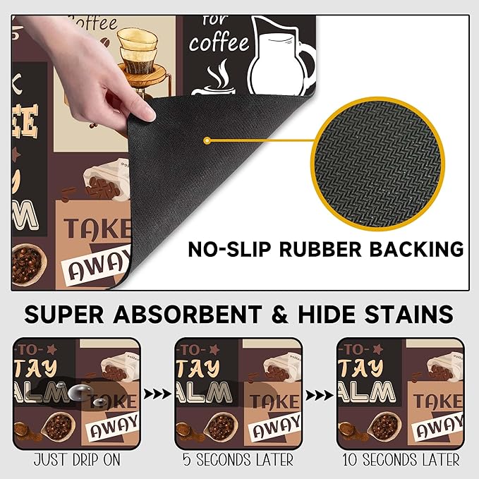 Retro Coffee Pattern Drying Mat 12" x 19", Non-Slip Absorbent Quick-Dry Mat, Protects Countertops from Spills Stains for Coffee Makers Espresso Machines