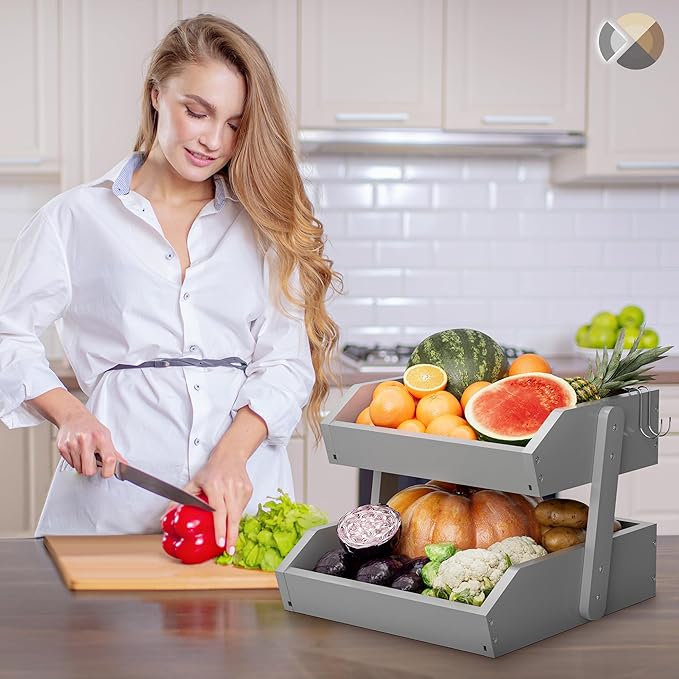 Bamboo 2 Tier Fruit Basket for Kitchen Counter, Large Capacity Fruit Storage Countertop, Fruit Holder, Wood Pantry Organizers and Storage, Kitchen Countertop Organizer With 2 Banana Hangers (Grey)