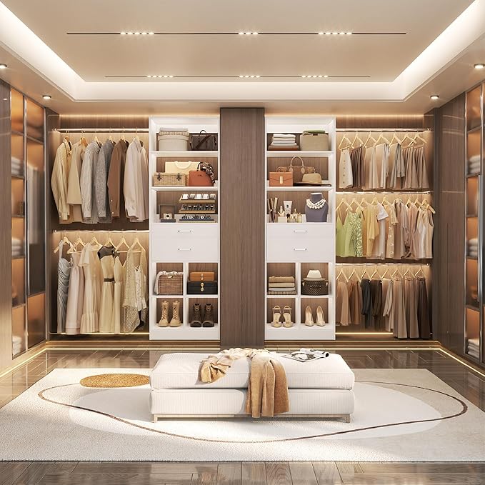 Besiost Closet System, 4-8 FT Closet Organizer Tower with 2 Wooden Drawers and Shelves, Can Fit 60 to 96 inch Walk-in Closet System with 5 Hanging Rods, Built-in, White