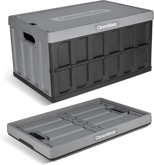 CleverMade Collapsible Storage Bins with Lids, 62L – Heavy Duty Foldable Plastic Storage Crates for Garage, Closet & Trunk Organization - Stone