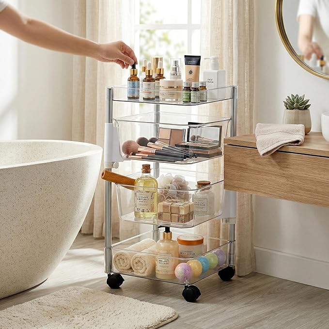 OnDisplay 360° Rotating Clear Storage Trolley – Multi-Tier Rolling Acrylic Utility Cart for Vanity, Craft Room, Pantry, Office & Bathroom – Mobile Multipurpose Organizer Rack for Makeup, Kitchen,
