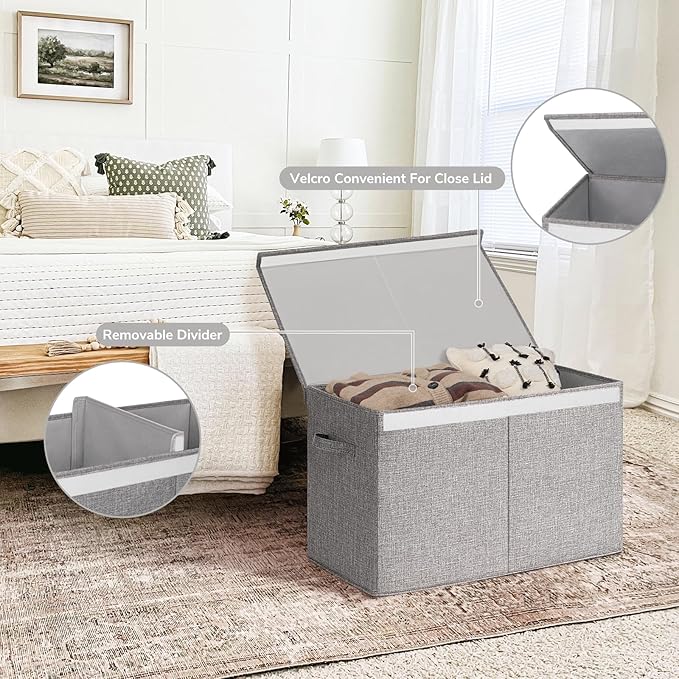 INDRESSME 25"x13"x16" Large Toy Storage Box with Lid, Toy Storage Organizer Toy Basket with Dividers for Playroom, Bedroom, Closet, Toy Bin for Kids Baby Boys Girls (Grey)