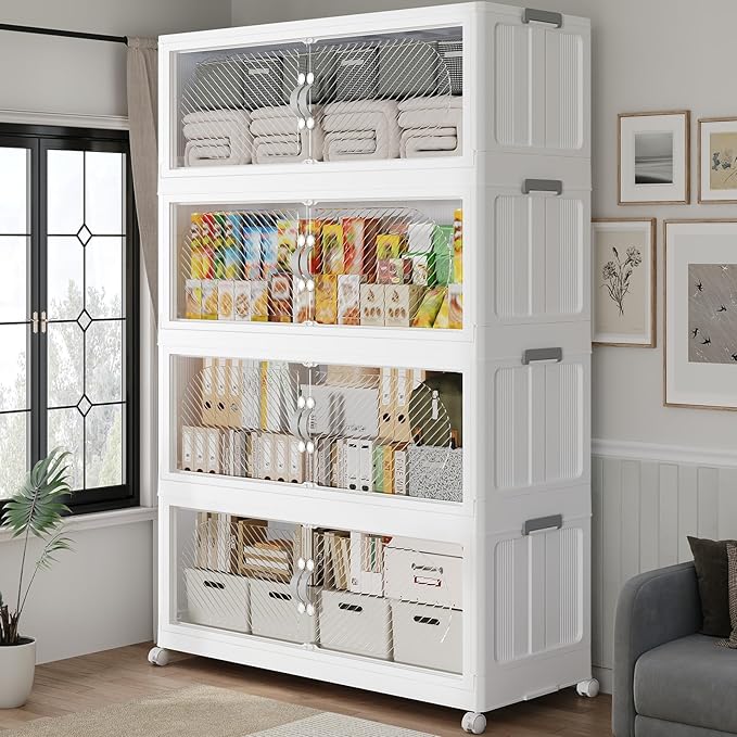 60Gal/240QT 4-Tiers Extra Large Stackable Storage Bins with Lid, Collapsible Cabinet Closet Organizer Plastic Container Box with Wheels Doors Drawers for Office Dorm Kitchen, White