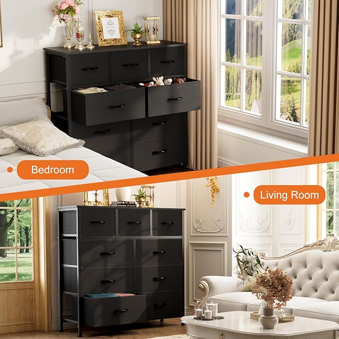Sweetcrispy 9-Drawer Fabric Dresser Storage Tower with Wood Top and Steel Frame, Organizer Chest with Easy Pull Handles for Bedroom, Closet, Hallway,Classic Black