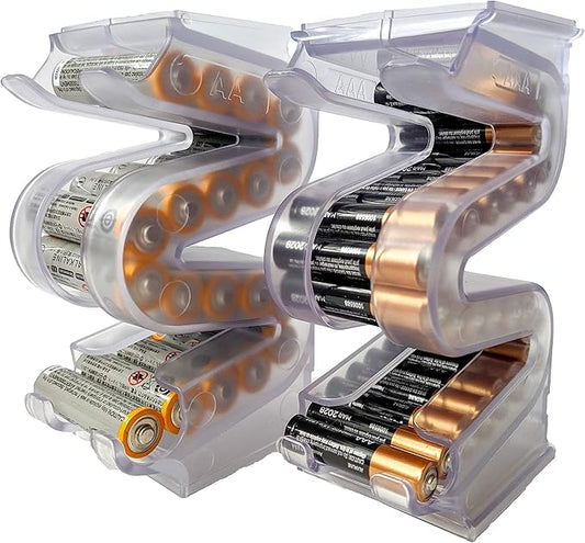 Battery Ladder Organizer Case for AA & AAA Batteries - Stackable or Mounted Vertical Storage Battery Dispenser for Home, Garage, & Workshop (2-Pack, Holds 20 AA & 28 AAA Batteries)