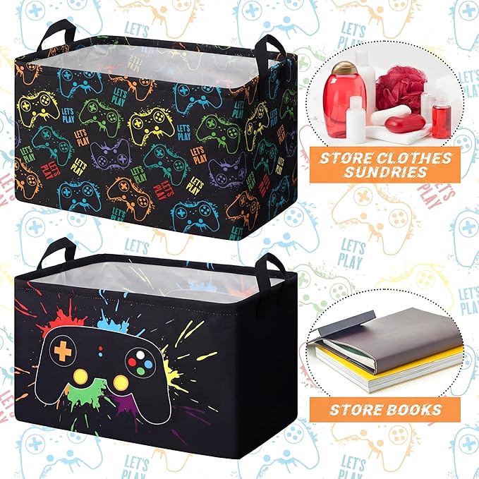 2 Pcs Gamer Laundry Basket Hamper Foldable Rectangle Kids Laundry Baskets Boys Hamper Waterproof Game Joystick Storage Basket Clothes Toys Organizer for Boys Bedroom Gifts