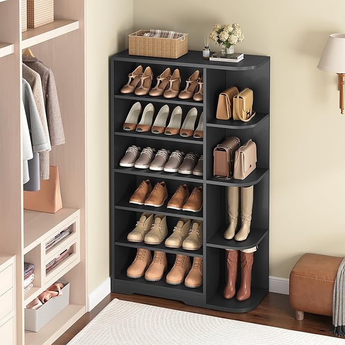 YATINEY Tall Shoe Rack, Multifunctional Shoe Cabinet with Open Storage, Entryway Shoe Organizer for Closet, 7-Tier Wooden Shoe Storage Closet with Adjustable Shelves, Black SC02BK