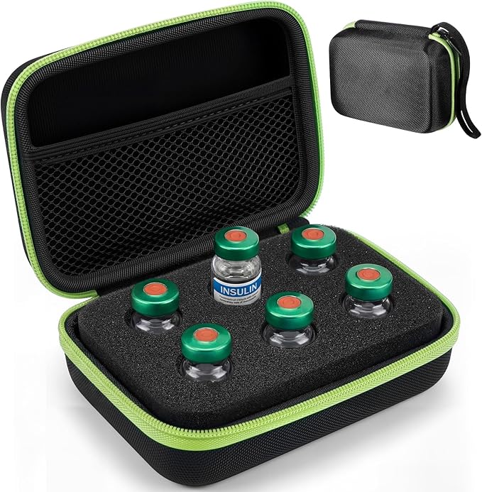 Teenyyou 6 Slots Insulin Peptide Fridge Carrying Case Vial Holder Storage Protector Bag, Fits Standard 10ml Vials, Insulin Cooler Travel Kits Case Diabetes Protector(Black, Green Zipper)