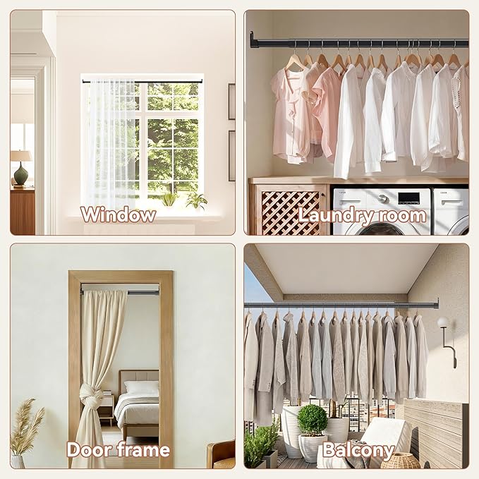 Oval Closet Rod 18-52 Inch Adjustable Closet Rods for Hanging Clothes Heavy Duty Black Poles Bar with End Supports Rust Proof Wardrobe Rod for Laundry Room RV