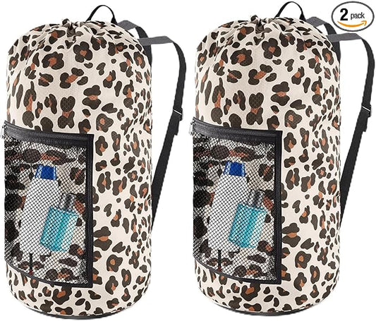 Olosar Laundry Bag Backpack, 2PCS Extra Large Travel Laundry Bag with Mesh Pocket & Adjustable Shoulder Straps,Dirty Clothes Travel Bag for College Students Dorm,Apartment(Leopard Print)