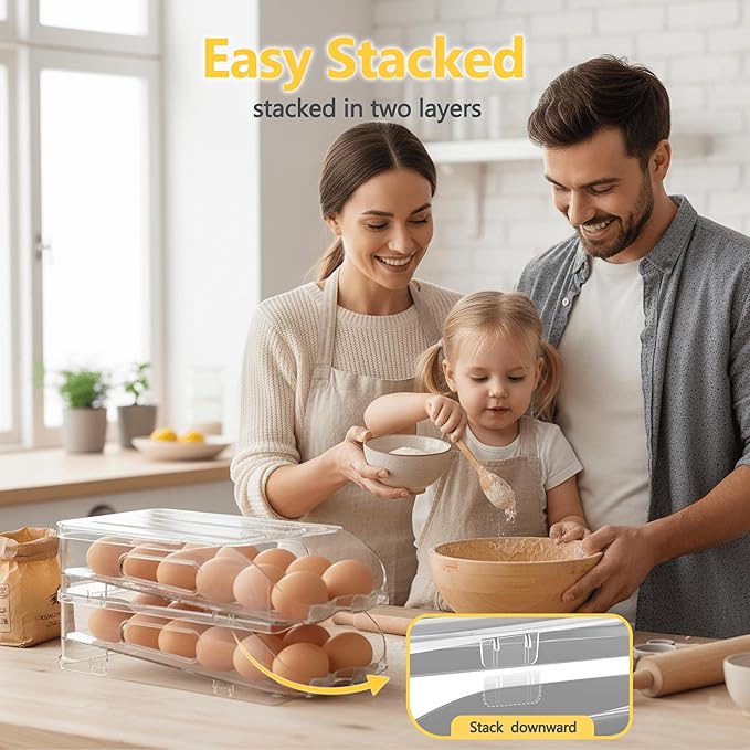 SMRCAD Egg Holder for Fridge, Automatic Steady Rolling Egg Container with Soft Bumpers & Handle for Refrigerator, Stackable Fridge Organizers and Storage with Lid