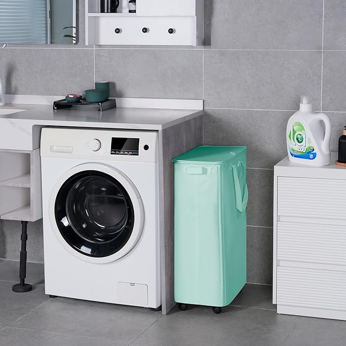 Vincona Slim Laundry Hamper with Lid and Wheels, Small Rolling Laundry Basket with Handle for Small Spaces, Tall Dirty Clothes Hampers for Dorm, Bathroom and Bedroom, 75L, Light Blue