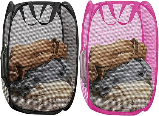 Pop Up Laundry Hamper Pack of 2 Mesh Collapsible Laudry Baskets with Side Pocket and Handles, Easy to Carry for Cruise, Home, Dorms, Laundry Room (Black+Rose red)