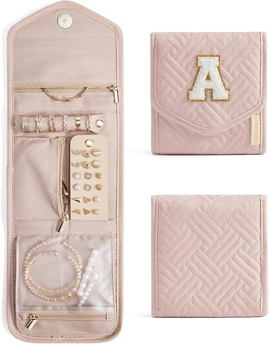 BAGSMART Travel Jewelry Organizer Case A Initial Foldable Jewelry Roll for Journey Rings, Necklaces, Earrings, Bracelets,Mini,Letter A,Soft Pink