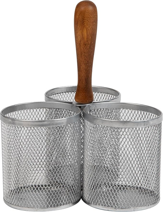 Mind Reader 3-Compartment Mesh Organizer Caddy with Wooden Handle, Multi-Purpose Desktop or Countertop Storage, Metal Mesh, 7.5"L x 7.5"W x 9.75"H, Silver