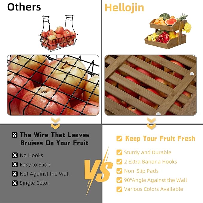 2 Tier Fruit Basket for Kitchen Counter, Large Capacity Fruit Storage Countertop, Fruit Holder, Wooden Pantry Organizers and Storage, Kitchen Countertop Organizer With 2 Banana Hangers (Walnut)