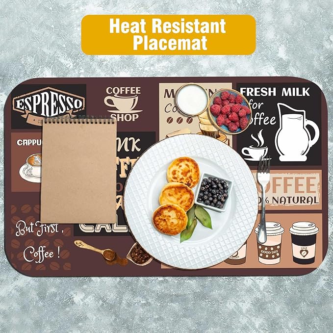Retro Coffee Pattern Drying Mat 12" x 19", Non-Slip Absorbent Quick-Dry Mat, Protects Countertops from Spills Stains for Coffee Makers Espresso Machines