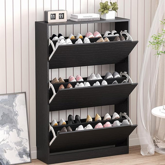 BORNOON Shoe Storage Cabinet with 3 Flip Drawers,Narrow Shoe Rack Cabinet,Freestanding Organizer Storage for Entryway, Hallway, Black