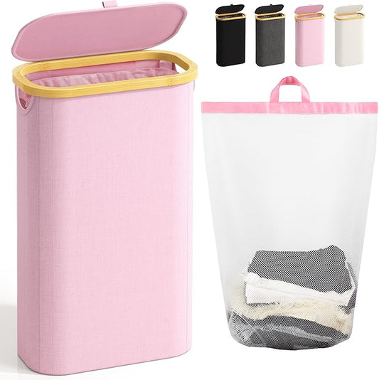Bathola 75L Slim Laundry Hamper with Lid, Dirty Clothes Hampers for Laundry, Collapsible Laundry Baskets for Small Spaces, Bedroom, Bathroom, Laundry Room, Pink