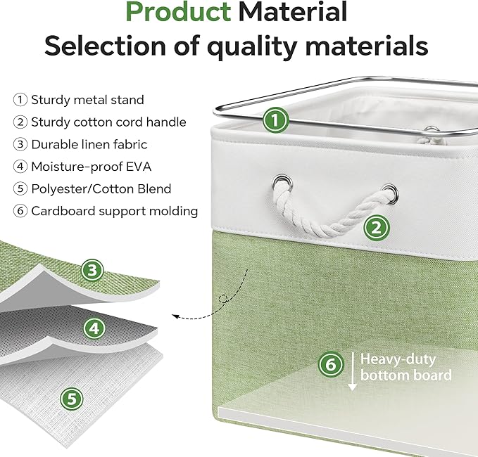 ECDYQXVU 13x13 Inch Cube Storage Bins with Reinforced Bottom Cardboard, 6 Pack Large Foldable Fabric Storage Cubes with Handles for Shelf, Closet, Laundry Organization (White&Green)