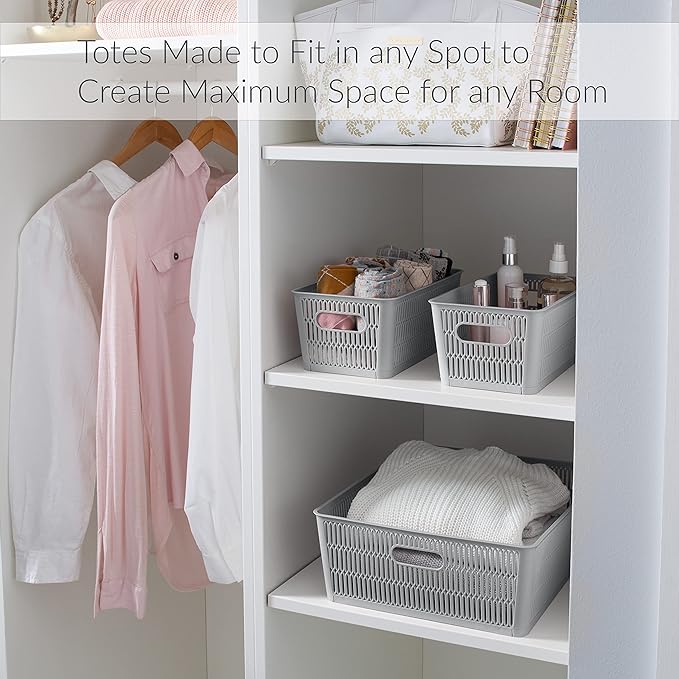 Simplify 2Pk Small Slide 2 Stack It Tote Basket | Storage & Organization | Open Bins with Stackable Capability | Bathroom | Crafts | Pantry | Playroom | Office | Grey