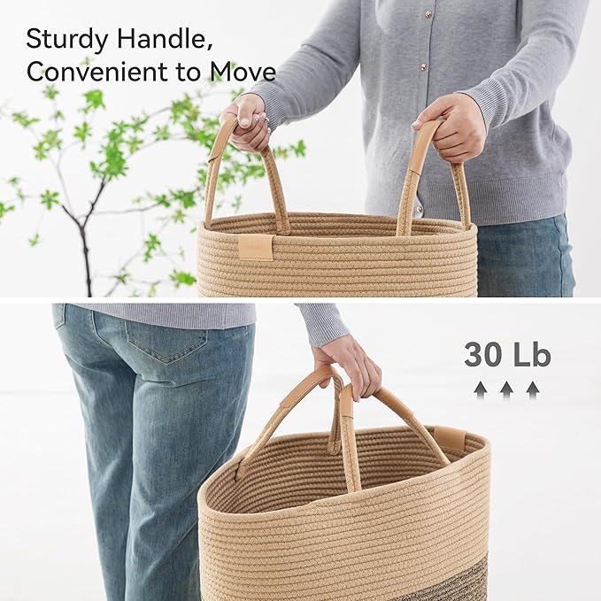 Nunsino 62L Striped Laundry Hamper with Leather Handles,Large Foldable Laundry Basket for Clothes,Cotton Rope Storage Bin for Blankets,Woven Clothes Basket for Bedroom,Dark Brown Stripes