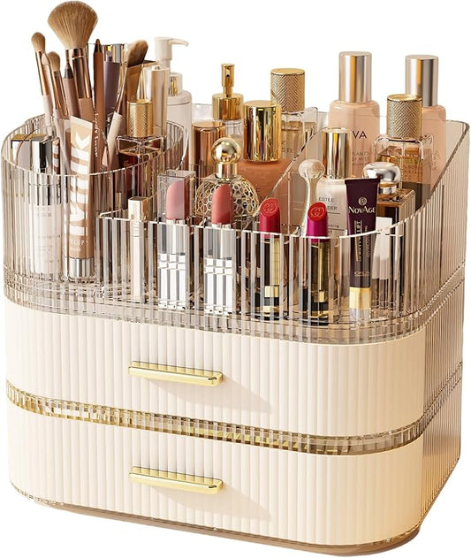 Makeup Organizer with 360 Rotating Brush Holder and Stackable Drawers, Cosmetic Display Case for Vanity, Bathroom Countertop (White, 3 Layer)