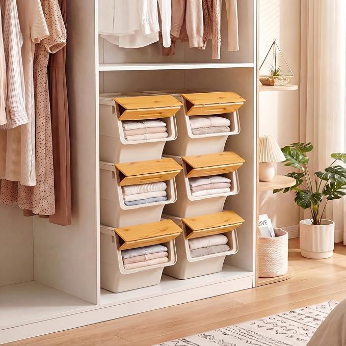 Giantex Plastic Stackable Storage Bins with Lids & Wheels, 6 Pack Open Front Stacking Bins, Organizer Bins for Pantry, Kitchen, Laundry, Closet, Playroom, Bedroom Organization （12.5 QT）