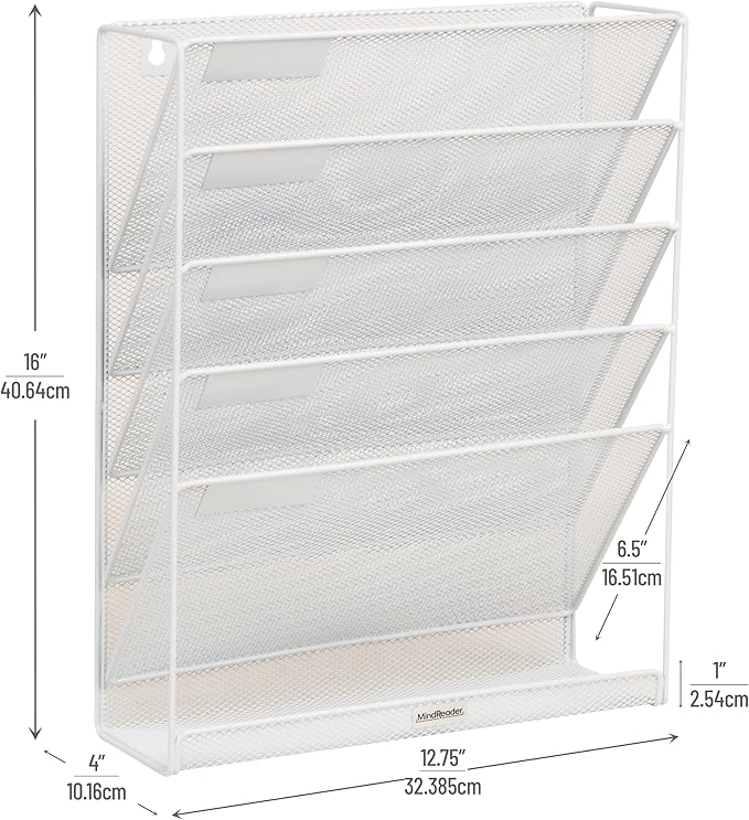 Mind Reader 5-Pocket Vertical File Storage, Desktop Organizer, Wall Mount, Office, Metal Mesh,White