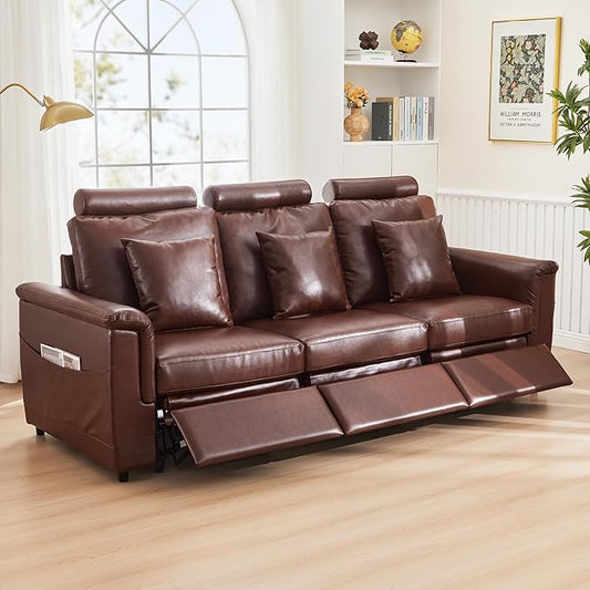 LEVNARY 3-Seater Modular Reclining Sofa, Upholstered Faux Leather Power Recliner Couch with 3 Electric Seats, 3 Pillows & Side Pockets, Adjustable Back & Footrest, Living Room Furniture (Brown)