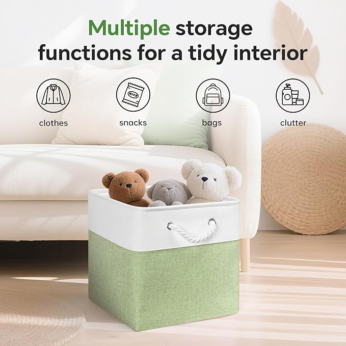 ECDYQXVU 13x13 Inch Cube Storage Bins with Reinforced Bottom Cardboard, 6 Pack Large Foldable Fabric Storage Cubes with Handles for Shelf, Closet, Laundry Organization (White&Green)