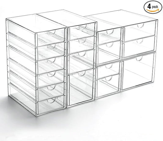 Prsildan Acrylic Drawer Organizer with 17 Drawers, Craft Office Desk Makeup Organizers Accessories, Set of 4 Clear Stackable Storage Drawers for Vanity, Countertop, Jewelry, Art Supply Organization