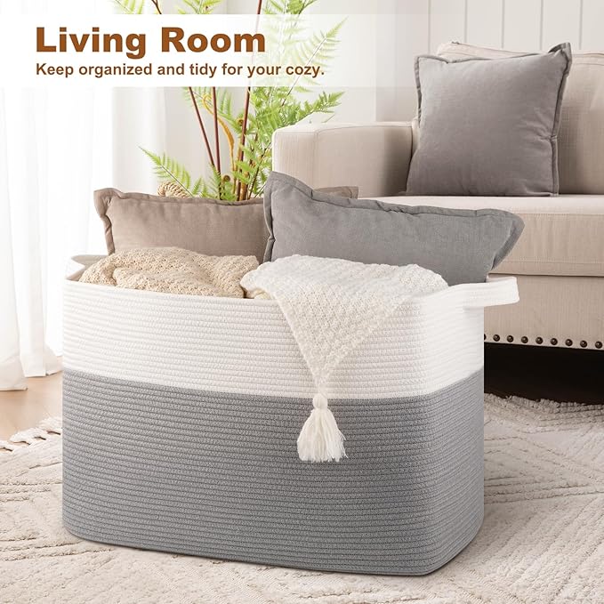 OIASKET XXXL Supre Large Blanket Basket for Clothes, Towels, Pillows, 108L Cotton Rope Storage Basket for Living Room, Woven Toy Storage for Kids, 25" x 16" x 16", Grey and White