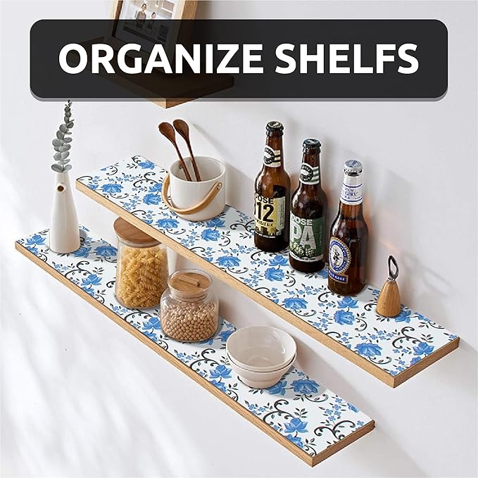 FIFTY FEET 18X96 Inch Shelf Liner for Kitchen Cabinets, PVC Drawer Liner for Dresser Non-Slip Bathroom, Non-Adhesive Cabinet Liner Washable (Blue Floral)(1 Roll)