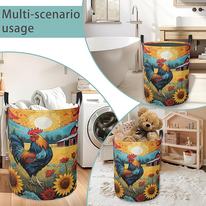 Laundry Basket With Handle, Dirty Clothes Laundry Hamper, Oxford Cloth Bin Storage Organizer for Toy Collection (Vintage Rooster)